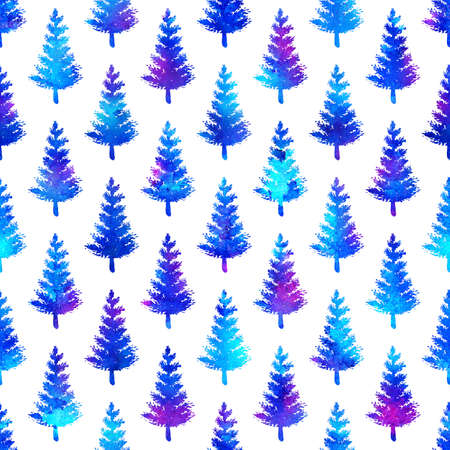 XMAS watercolour Fir Tree Seamless Pattern in Blue Color on white background. Hand-Painted Watercolor Spruce Pine tree wallpaper for Ornament, Wrapping or Christmas Decorationの写真素材