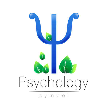 Modern Vector logo of Psychology Letter Psi with Leaves in Creative style. Logotype in vector. Design concept. Brand company. Blue color on white background.のイラスト素材
