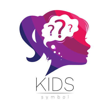 Modern logotype head with question inside brain . Logo sign of Psychology. Profile Human. Creative style. Symbol in vector. Design concept. Violet color isolated on white. Icon for web.のイラスト素材