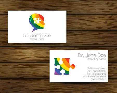 Psychology Rainbow Vector Business Card with Autism Puzzle and Kid Human Head Modern logo Creative Colorful style. Child Profile Silhouetteのイラスト素材