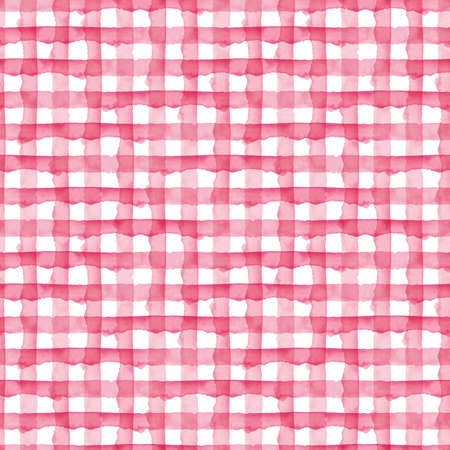 Watercolor Check Geometric Seamless Pattern Background. Plaid in Pink Girly Color. Hand Painted Simple Design with Stripes.の写真素材