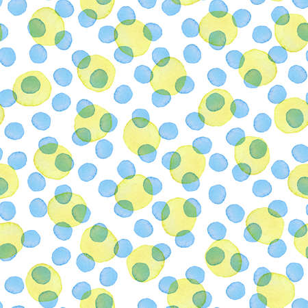 Hand Painted Brush Polka Dot Seamless Watercolor Pattern. Abstract watercolour Round Circles in Blue and Yellow Color. Artistic Design for Fabric and Backgroundの写真素材