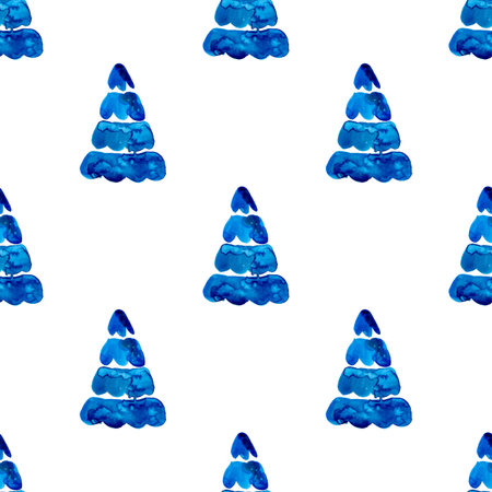 XMAS watercolor Pine Tree Seamless Pattern in Blue Color. Hand Painted fir tree background or...