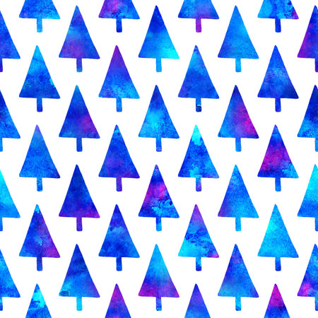 XMAS watercolour Fir Tree Seamless Pattern in Blue Color on white background. Hand-Painted Watercolor Spruce Pine tree wallpaper for Ornament, Wrapping or Christmas Decorationの写真素材