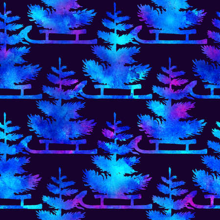 XMAS watercolor Pine Tree and Sleigh Seamless Pattern in Blue Color. Hand Painted fir tree background or wallpaper for Ornament, Wrapping or Christmas Giftの写真素材