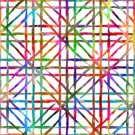 Watercolor Brush Plaid Seamless Pattern Grange Check Geometric Design in Rainbow Color. Modern Strokes Grung Collage Background for kids fabric and textileの写真素材