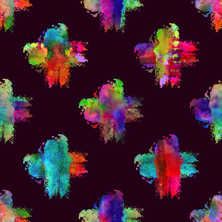 Watercolor Brush Cross Seamless Pattern Grange Geometric Design in Rainbow Color. Modern Grung Collage on Dark Violet Backgroundの写真素材