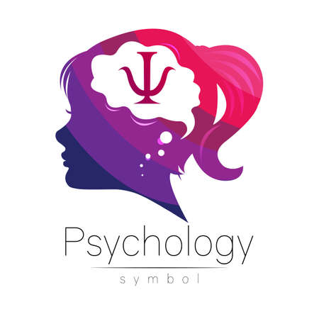 Modern logo Kid Girl head and letter Psi inside brain . Logotype sign of Psychology. Profile Human. Violet Pink color isolated on white. Creative style. Symbol in vector. Design concept.のイラスト素材