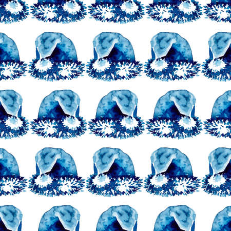 XMAS watercolor Santa Claus Hat Seamless Pattern in Blue Color. Hand PaintedCap Costume background or wallpaper for Ornament, Wrapping or Christmas Giftの写真素材