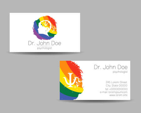 Psychology Vector Business Visit Card with Letter Psi Psy and Human Head in Profile. Modern logo Creative Colorful Rainbow style. Child Silhouette Design concept for Branding Identityのイラスト素材
