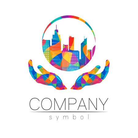 Company Logo Vector City Town Icon for Branding Real Estate Symbol Building and Apartment Rent Concept Sign with human handのイラスト素材