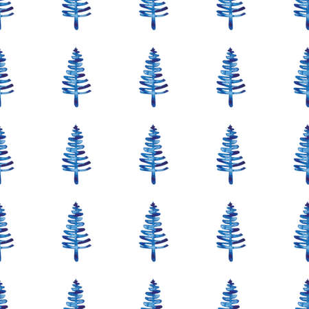 XMAS watercolor Fir Tree Seamless Pattern in Blue Color. Hand Painted Spruce Pine tree background or wallpaper for Ornament, Wrapping or Christmas Decorationの写真素材