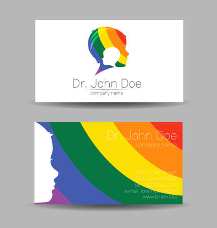 Vector Colorful Business Card Kid Head Modern logo. Design concept for Company Brand. Human Child Profile Silhouette in Rainbow color isolated on gray backgroundのイラスト素材