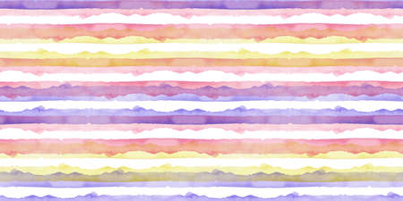 Watercolor Abstract Yellow Pink Blue Stripes Background. Cool Seamless Pattern for Fabric Textile and Paper. Simple Hand Painted Stripeの写真素材