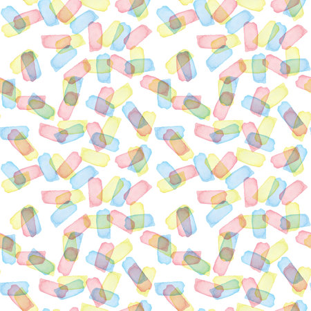 Hand Painted Brush Stroke Seamless Watercolor Pattern. Abstract watercolour shapes in Yellow Pink and Blue Color. Artistic Design for Fabric and Backgroundの写真素材