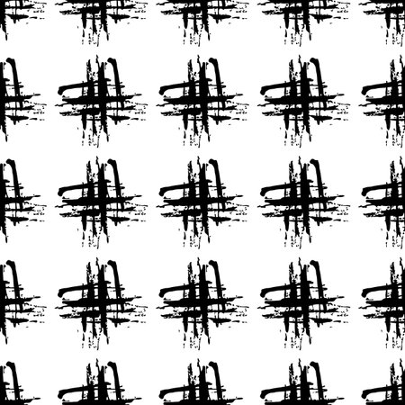 Vector Cross Brush Seamless Pattern Grange Minimalist Plus Geometric Design in Black Color. Modern Grung Collage Background for kids fabric and textileのイラスト素材