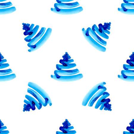 XMAS watercolor Pine Tree Seamless Pattern in Blue Color. Hand Painted fir tree background or wallpaper for Ornament, Wrapping or Christmas Giftの写真素材