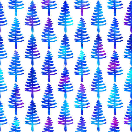 XMAS watercolour Fir Tree Seamless Pattern in Blue Color on white background. Hand-Painted Watercolor Spruce Pine tree wallpaper for Ornament, Wrapping or Christmas Decorationの写真素材
