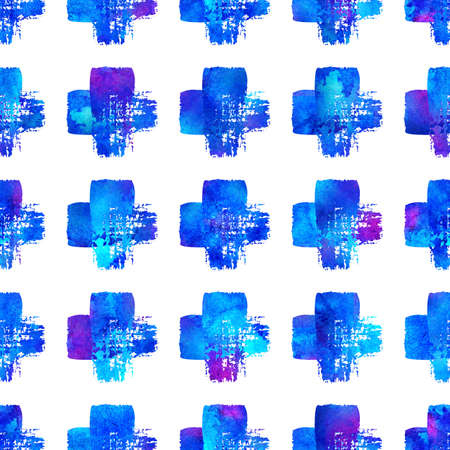 Watercolor Brush Cross Seamless Pattern Grange Geometric Design in Blue Color. Modern Grung Collage Backgroundの写真素材