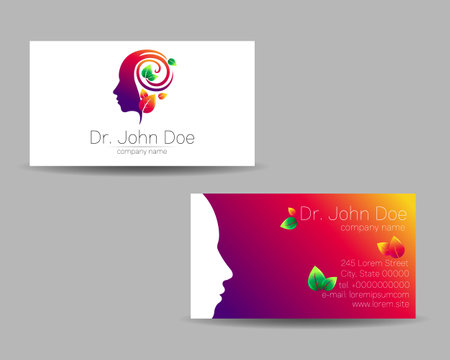Psychology Vector Business Card Human Head Modern logo Creative style in Violet Color. Child Profile Silhouette Design concept. Brand company. Vsiting personal set of visit cardsのイラスト素材