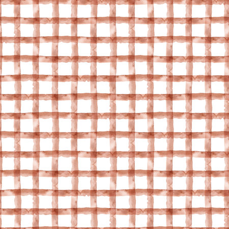 Check Brown Abstract WatercolorSeamless Pattern with Stripes. Plaid Geometric Background. Handmade Texture for Fabric and Wallpaper.の写真素材