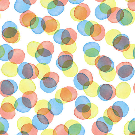 Hand Painted Polka Dot Seamless Watercolor Pattern. Circle Abstract watercolour shapes in Yellow Pink and Blue Color. Round Artistic Design for Fabric and Backgroundの写真素材