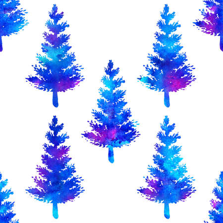 XMAS watercolour Fir Tree Seamless Pattern in Blue Color on white background. Hand-Painted Watercolor Spruce Pine tree wallpaper for Ornament, Wrapping or Christmas Decorationの写真素材