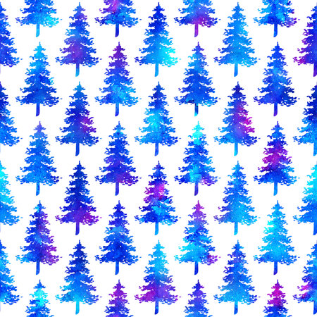 XMAS watercolour Fir Tree Seamless Pattern in Blue Color on white background. Hand-Painted Watercolor Spruce Pine tree wallpaper for Ornament, Wrapping or Christmas Decorationの写真素材