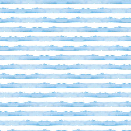 Abstract Blue Stripes Watercolor Background. Ocean Seamless Pattern for Fabric Textile and Paper. Simple Sea Hand Painted Stripeの写真素材
