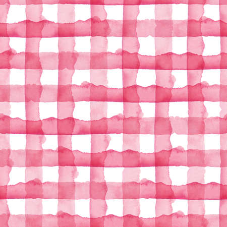 Watercolor Check Geometric Seamless Pattern Background. Plaid in Pink Girly Color. Hand Painted Simple Design with Stripes.の写真素材