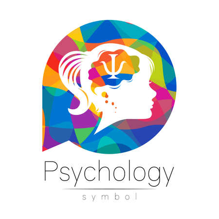 Modern logo Kid Girl head and letter Psi inside brain . Logotype sign of Psychology. Profile Human. Rainbow color isolated on white. Creative style. Symbol in vector. Design concept.のイラスト素材