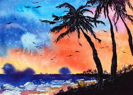 Palm Trees Watercolor Illustration Original Art Tropical Beach Artistic Painting at the paper. Sunset in Orange Black and Blue Colors. Can be used for Wallpaper Print and Backgroundの写真素材