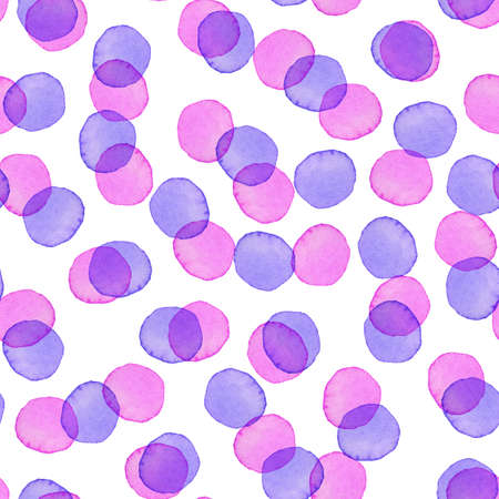 Hand Painted Brush Polka Dot Girly Seamless Watercolor Pattern. Abstract watercolour Round Circles in Purple Blue Color. Artistic Design for Fabric and Backgroundの写真素材
