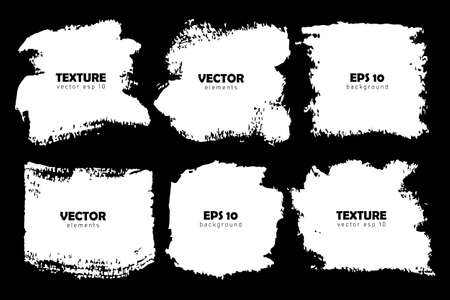 Grunge Set Brush Shape Vector Strokes White color Isolated on Black background. Hand painted grange elements. Ink drawing. Messy design Place for text and quoteのイラスト素材