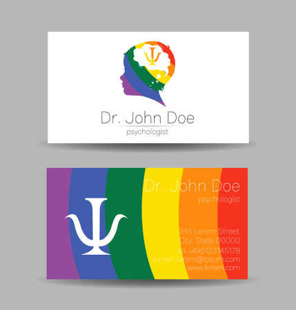 Psychology Vector Business Visit Card with Letter Psi Psy and Human Head in Profile. Modern icon Creative Colorful Rainbow style. Child Silhouette Design concept for Branding Identityのイラスト素材