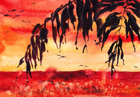Palm Trees Watercolor Illustration Original Art Palm Leaves Artistic Painting at the paper. Sunset Beach in Red and Yellow Colors. Can be used for Wallpaper Print and Backgroundの写真素材