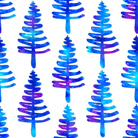XMAS watercolour Fir Tree Seamless Pattern in Blue Color on white background. Hand-Painted Watercolor Spruce Pine tree wallpaper for Ornament, Wrapping or Christmas Decorationの写真素材