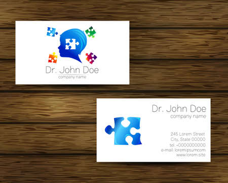 Psychology vector visit card Puzzle Autism Modern logo. Creative style. Design concept for Brand company. Blue color isolated on tree background. Symbol for web, print. vVsiting personal setのイラスト素材