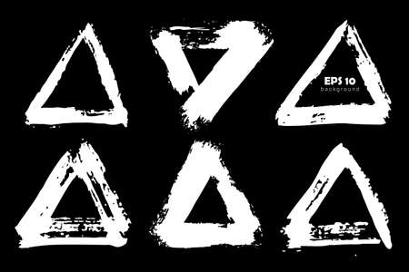 Vector Set of brush triangle strokes White color isolated on Black background. Hand painted grange Pluse elements. Dirty artistic design . Place for text, quoteのイラスト素材