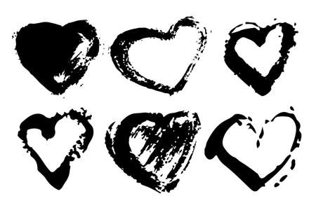 Vector Set of Brush Heart Love Black color on white background. Hand painted grange elements. Ink drawing. Dirty artistic design . Place for text, quote, information, company name.のイラスト素材