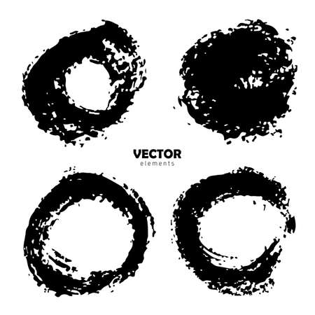Vector Set of brush Circle Round Black color on white background. Hand painted grange elements. Ink drawing. Dirty artistic design . Place for text, quote, information, company name.のイラスト素材