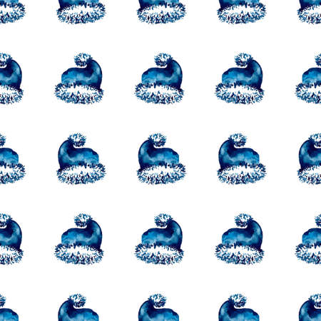 XMAS watercolor Santa Claus Hat Seamless Pattern in Blue Color. Hand PaintedCap Costume background or wallpaper for Ornament, Wrapping or Christmas Giftの写真素材