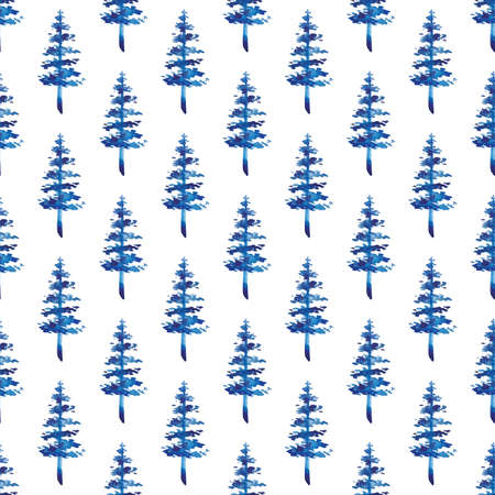 XMAS watercolor Fir Tree Seamless Pattern in Blue Color. Hand Painted Spruce Pine tree background or wallpaper for Ornament, Wrapping or Christmas Decorationの写真素材