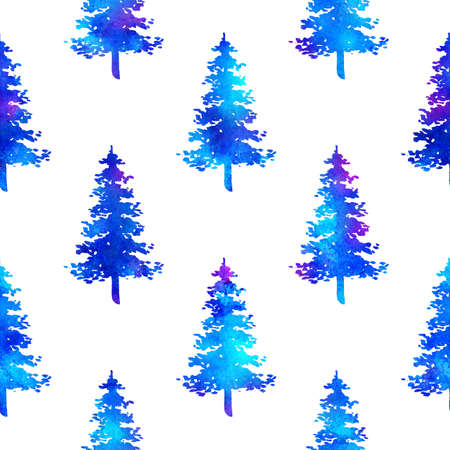 XMAS watercolour Fir Tree Seamless Pattern in Blue Color on white background. Hand-Painted Watercolor Spruce Pine tree wallpaper for Ornament, Wrapping or Christmas Decorationの写真素材