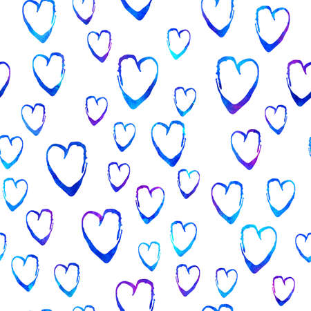 Watercolor Brush Heart Seamless Pattern Love Grange Hand Painted Design in Blue Color. Modern Grung Collage Background for kids fabric and textileの写真素材