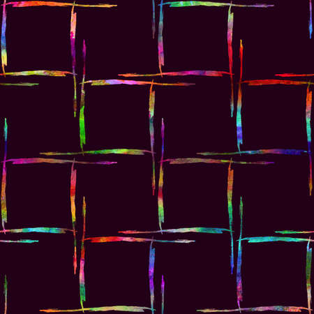 Watercolor Brush Plaid Seamless Pattern Grange Check Geometric Design in Rainbow Color. Modern Strokes Grung Collage Background for kids fabric and textileの写真素材