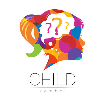 Modern logotype Kid Girl head with question inside brain. Logo Child sign of Psychology. Profile Human. Creative style. Symbol in vector. Design concept. Rainbow color isolated on whiteのイラスト素材