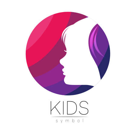 Child Girl Vector logotype in violet Color. Silhouette profile human head. Concept logo for people, children, autism, kids, therapy, clinic, education. Template symbol designのイラスト素材