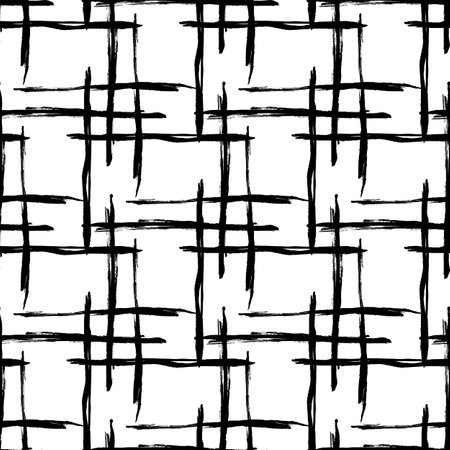 Vector Plaid Brush Seamless Pattern Grange Minimalist Check Geometric Design in Black Color. Modern Grung Collage Background for kids fabric and textileのイラスト素材