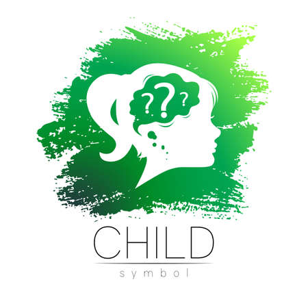 Modern Vector logo Kid Girl head and Question inside brain . Logotype sign of Psychology. Profile Human. Green Brush color isolated on white. Creative style.のイラスト素材